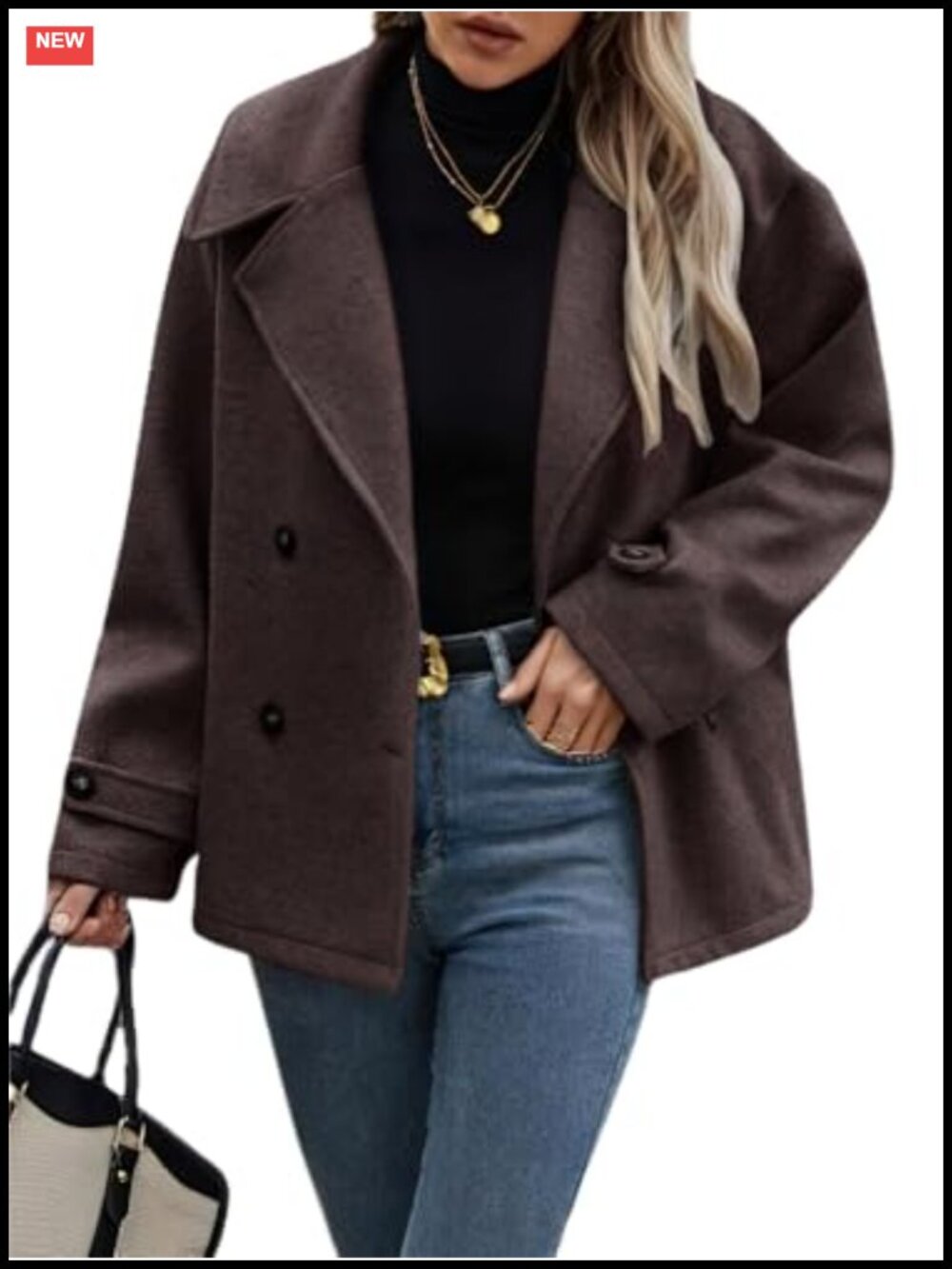 Wool Blend Pea Coat Cropped Button Down Notch Collar Loose Fit